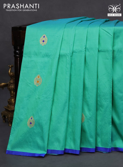 Banarasi katan silk saree teal shade and blue with zari woven buttas and piping border