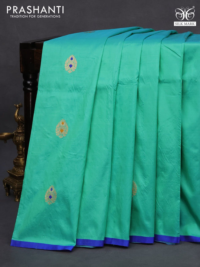 Banarasi katan silk saree teal shade and blue with zari woven buttas and piping border