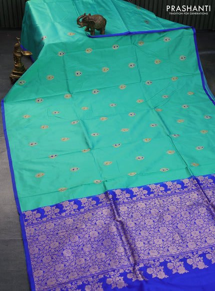 Banarasi katan silk saree teal shade and blue with zari woven buttas and piping border