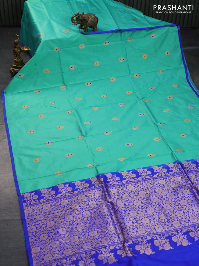 Banarasi katan silk saree teal shade and blue with zari woven buttas and piping border