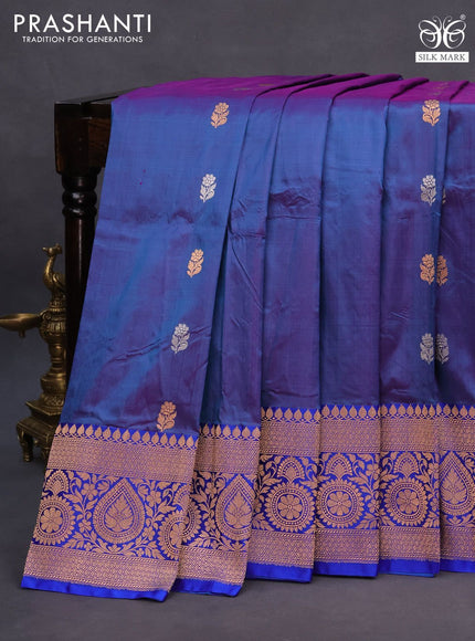 Banarasi katan silk saree dual shade of blue and blue with silver & gold zari woven floral buttas and zari woven border