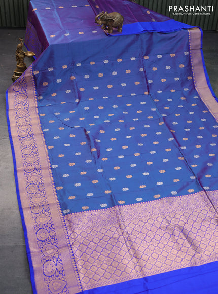 Banarasi katan silk saree dual shade of blue and blue with silver & gold zari woven floral buttas and zari woven border