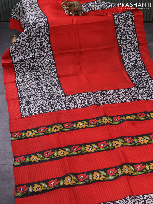 Bishnupuri silk saree red and black with plain body and long printed border