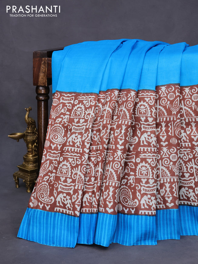 Bishnupuri silk saree cs blue and brown with plain body and long printed border