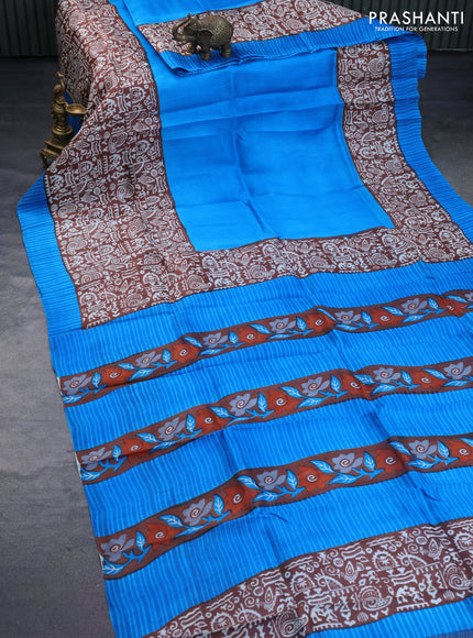 Bishnupuri silk saree cs blue and brown with plain body and long printed border