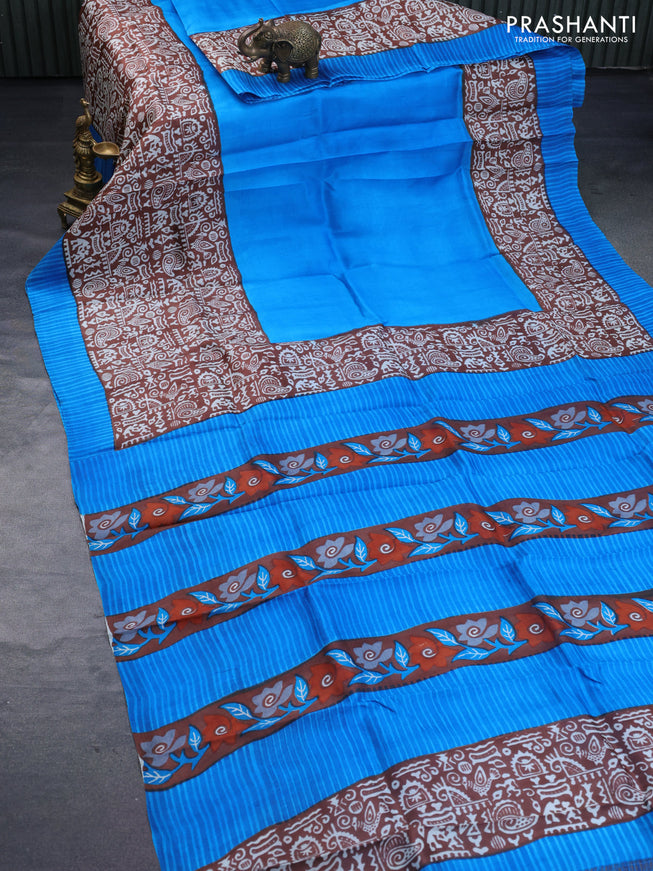 Bishnupuri silk saree cs blue and brown with plain body and long printed border