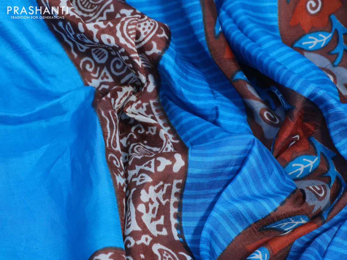 Bishnupuri silk saree cs blue and brown with plain body and long printed border