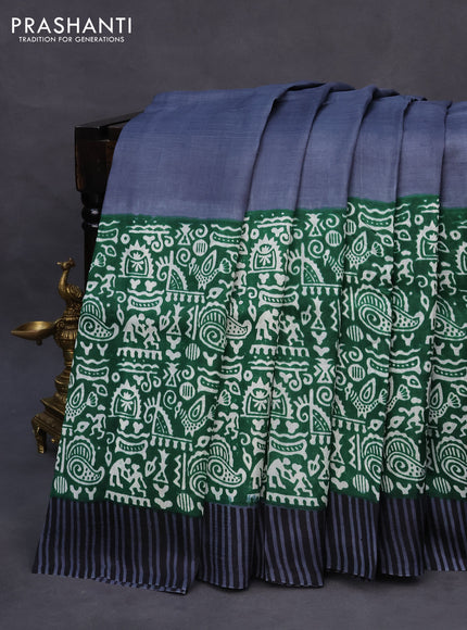 Bishnupuri silk saree elephant grey and green with plain body and long printed border