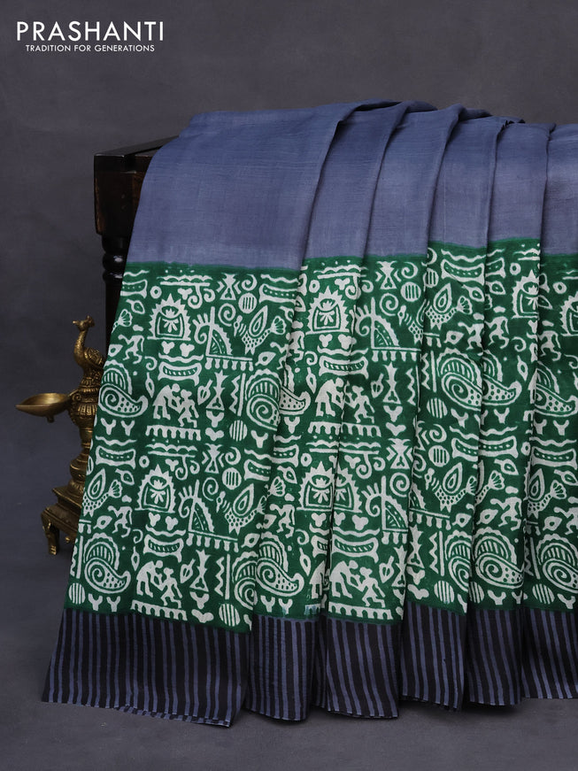 Bishnupuri silk saree elephant grey and green with plain body and long printed border