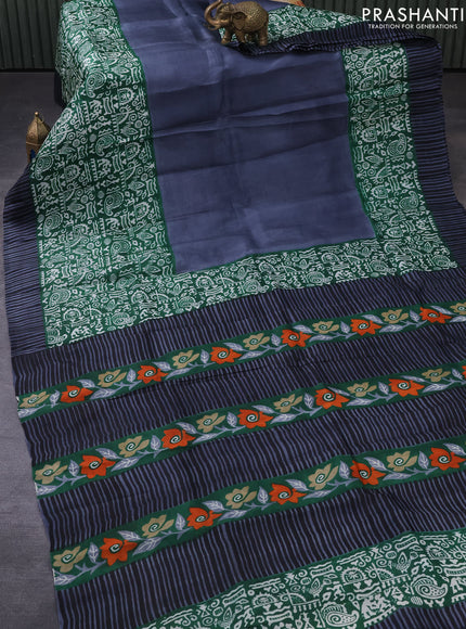 Bishnupuri silk saree elephant grey and green with plain body and long printed border