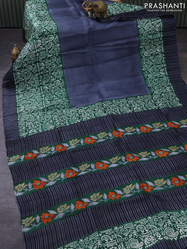 Bishnupuri silk saree elephant grey and green with plain body and long printed border