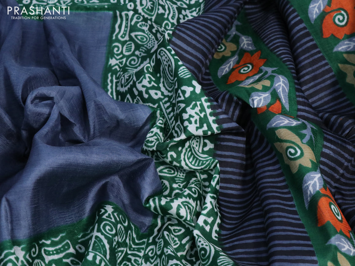 Bishnupuri silk saree elephant grey and green with plain body and long printed border