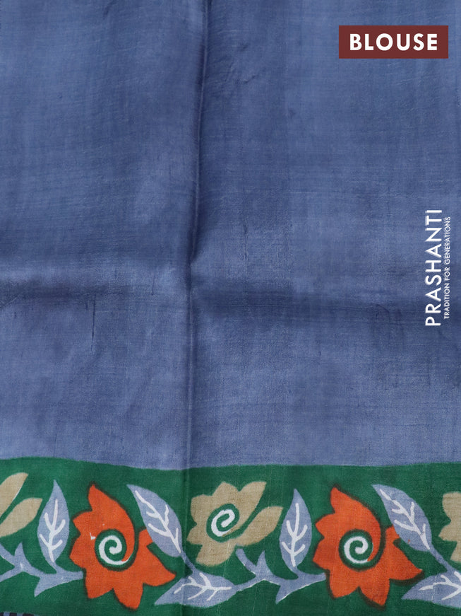 Bishnupuri silk saree elephant grey and green with plain body and long printed border