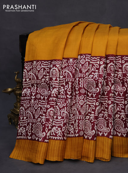 Bishnupuri silk saree mustard yellow and maroon with plain body and long printed border