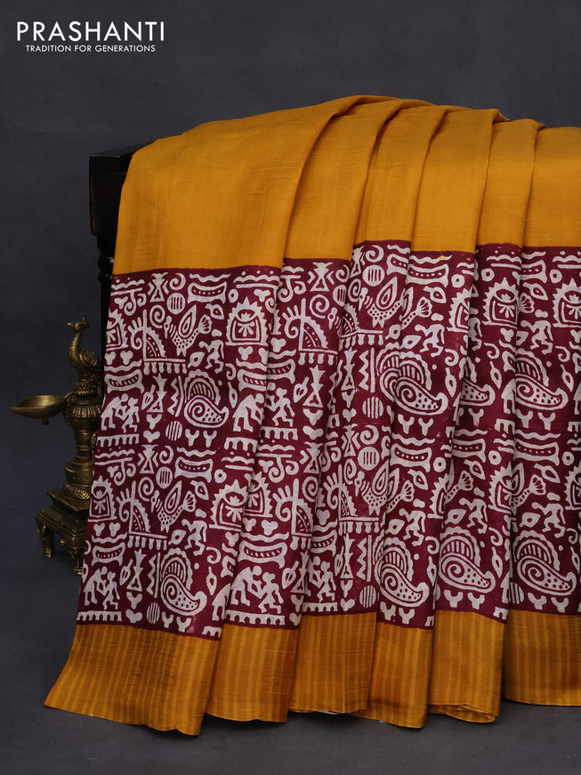 Bishnupuri silk saree mustard yellow and maroon with plain body and long printed border