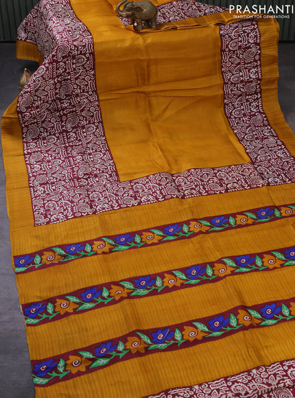 Bishnupuri silk saree mustard yellow and maroon with plain body and long printed border