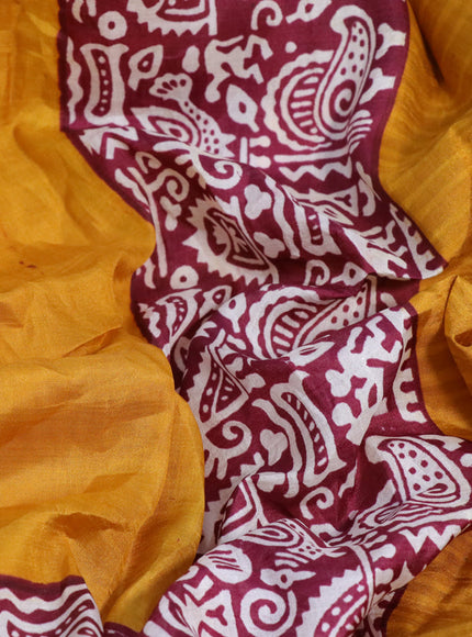 Bishnupuri silk saree mustard yellow and maroon with plain body and long printed border