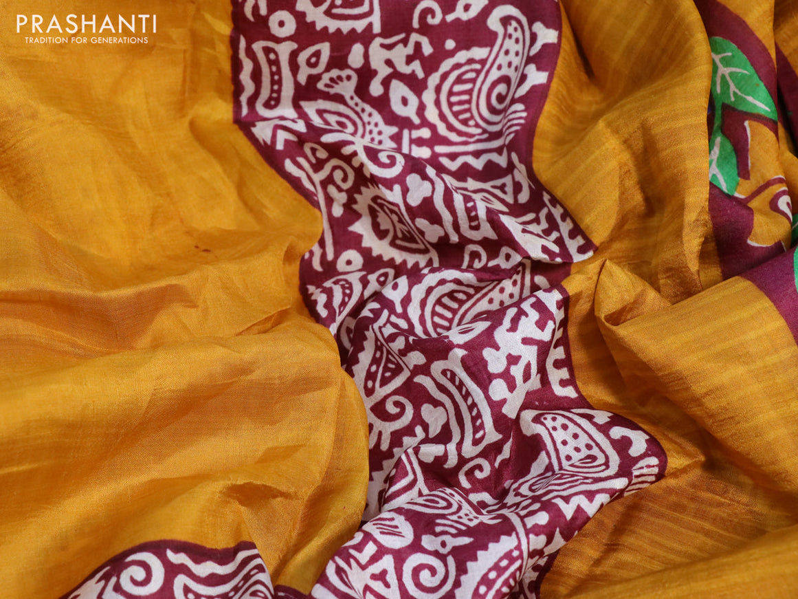 Bishnupuri silk saree mustard yellow and maroon with plain body and long printed border