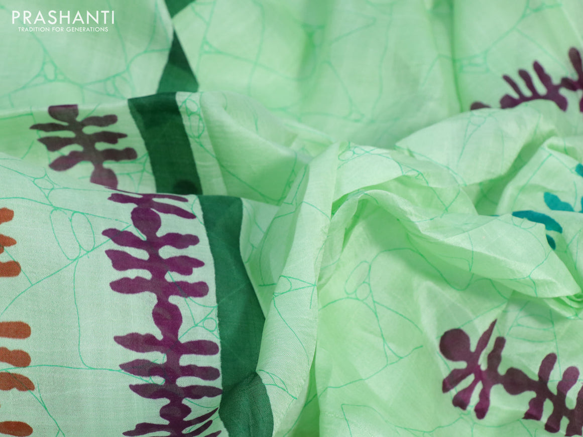 Bishnupuri silk saree pastel green and green with allover batik prints and simple border