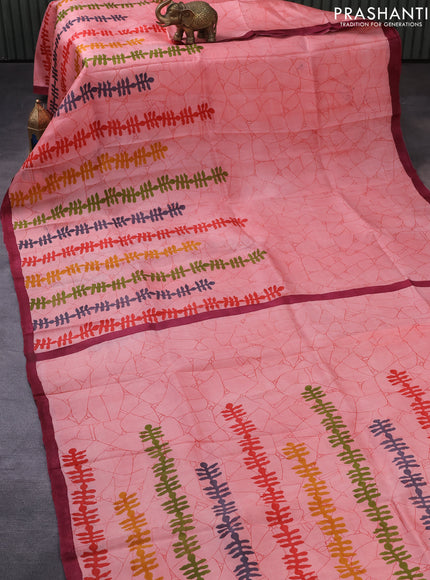 Bishnupuri silk saree peach pink and maroon with allover batik prints and simple border