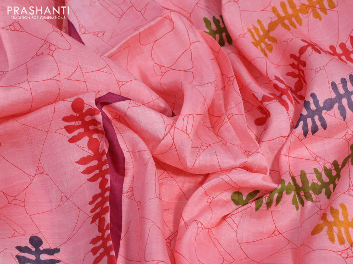 Bishnupuri silk saree peach pink and maroon with allover batik prints and simple border