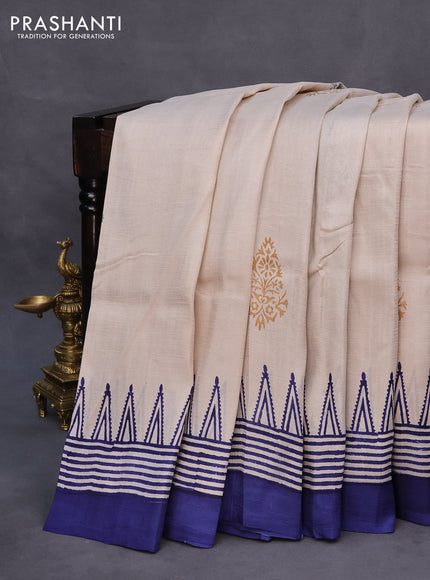 Bishnupuri silk saree cream and blue with plain body and temple design simple border