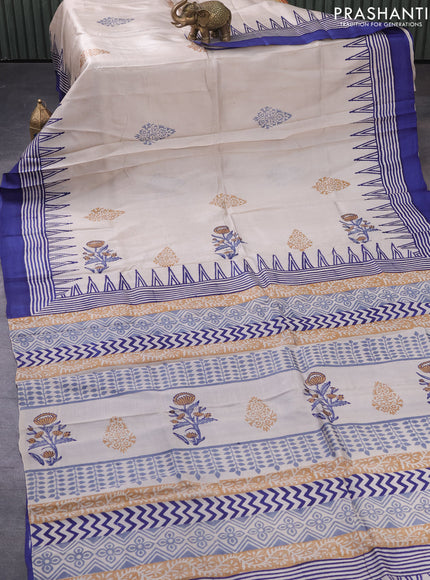 Bishnupuri silk saree cream and blue with plain body and temple design simple border