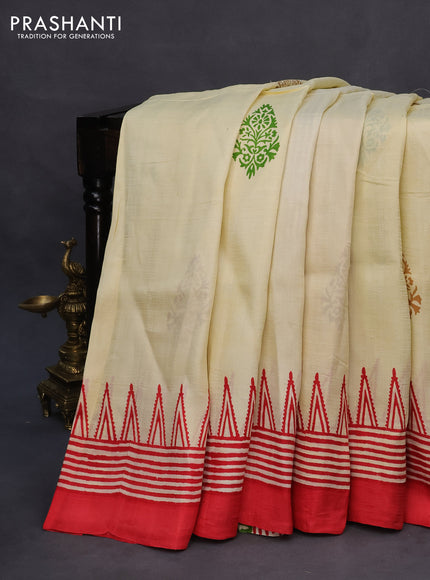 Bishnupuri silk saree cream and red with plain body and temple design simple border