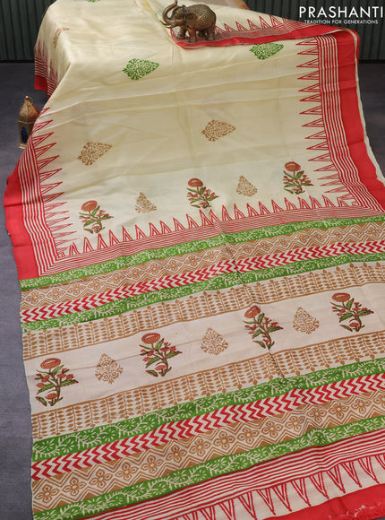 Bishnupuri silk saree cream and red with plain body and temple design simple border