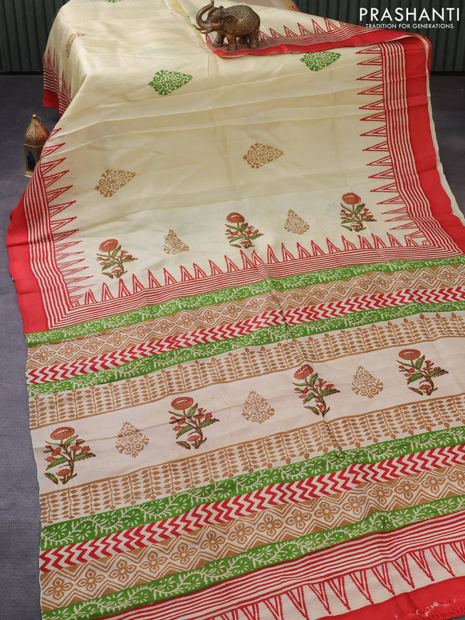 Bishnupuri silk saree cream and red with plain body and temple design simple border