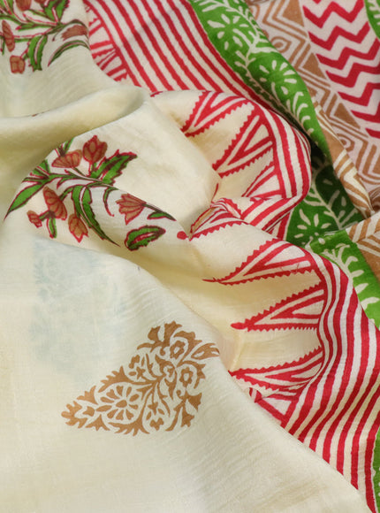 Bishnupuri silk saree cream and red with plain body and temple design simple border