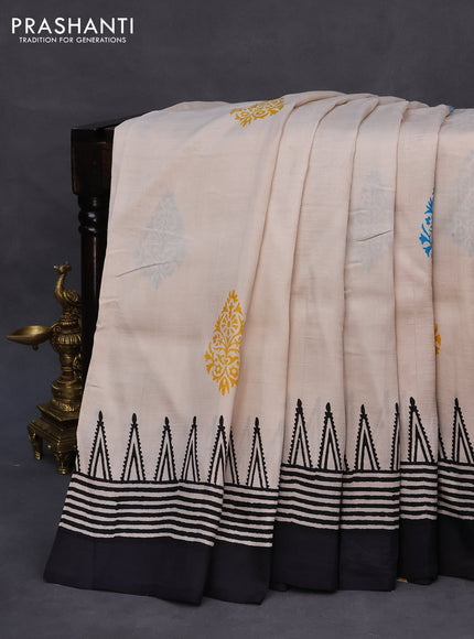 Bishnupuri silk saree beige and black with plain body and temple design simple border