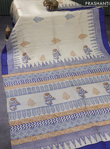 Bishnupuri silk saree cream and blue with plain body and temple design simple border