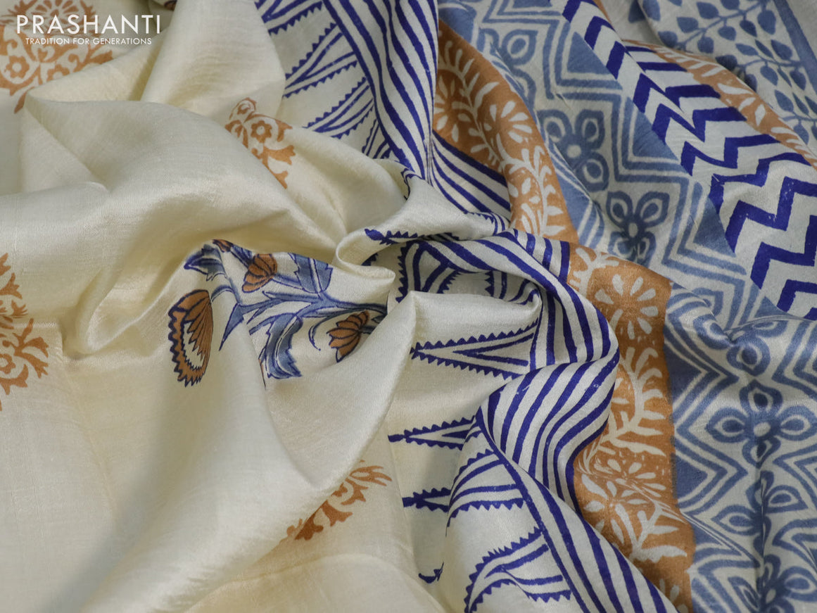 Bishnupuri silk saree cream and blue with plain body and temple design simple border