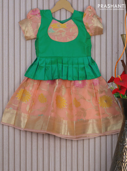 Banarasi kids lehenga teal green and peach shade with patch work neck pattern and thread zari weaves & woven border