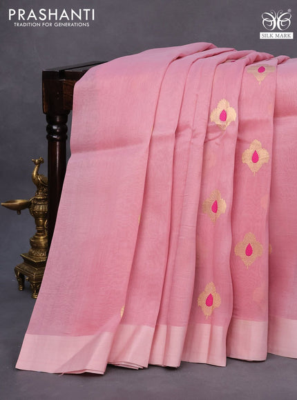 Banarasi organza silk saree pastel pink with thread & zari woven buttas and satin border