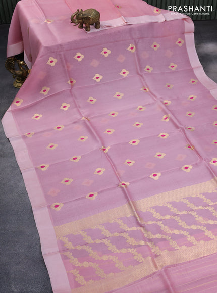 Banarasi organza silk saree pastel pink with thread & zari woven buttas and satin border