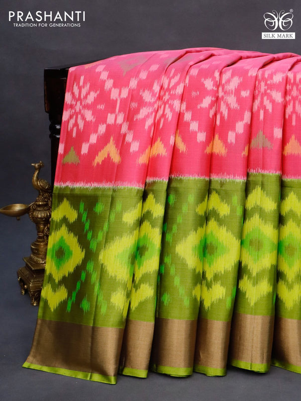 Ikat soft silk saree pink and light green with allover ikat weaves and long ikat woven zari border