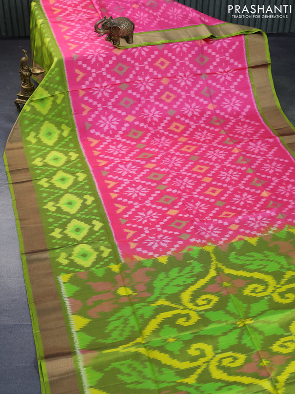 Ikat soft silk saree pink and light green with allover ikat weaves and long ikat woven zari border