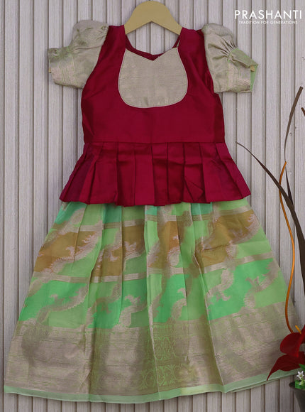 Banarasi kids lehenga magenta pink and light green with patch work neck pattern and thread zari weaves & woven border