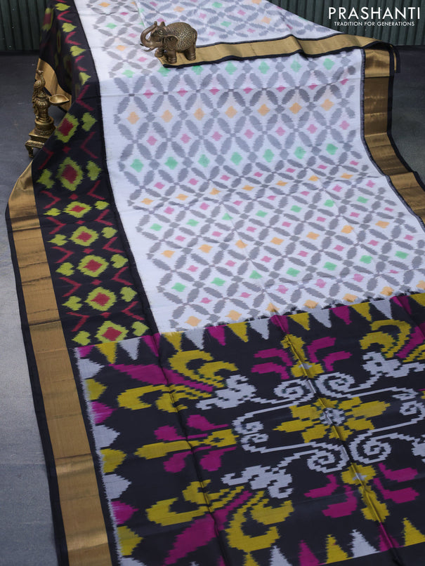 Ikat soft silk saree off white and black with allover ikat weaves and long ikat woven zari border