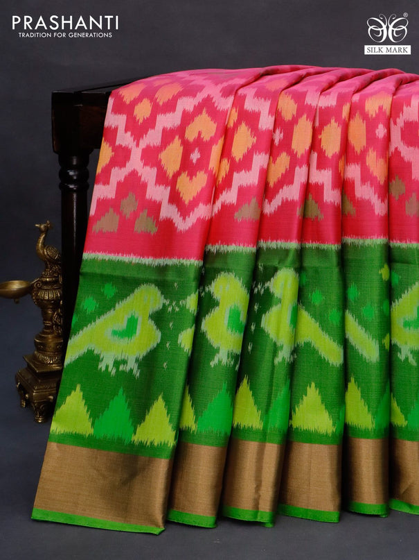 Ikat soft silk saree pink and light green with allover ikat weaves and long ikat woven zari border