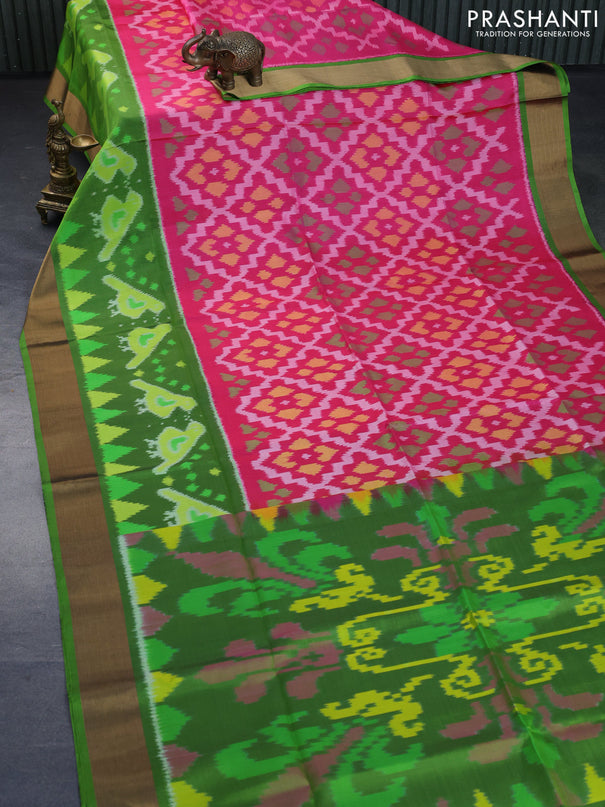 Ikat soft silk saree pink and light green with allover ikat weaves and long ikat woven zari border