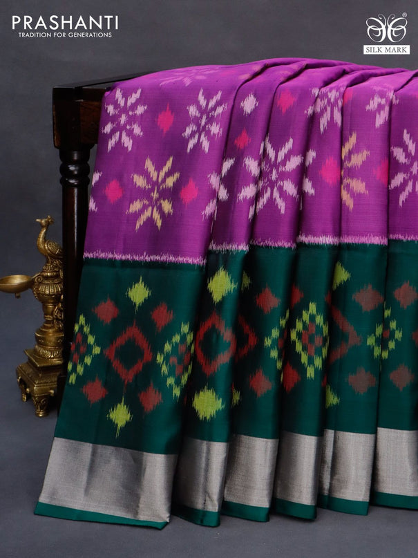 Ikat soft silk saree purple and dark green with allover ikat weaves and long ikat woven silver zari border