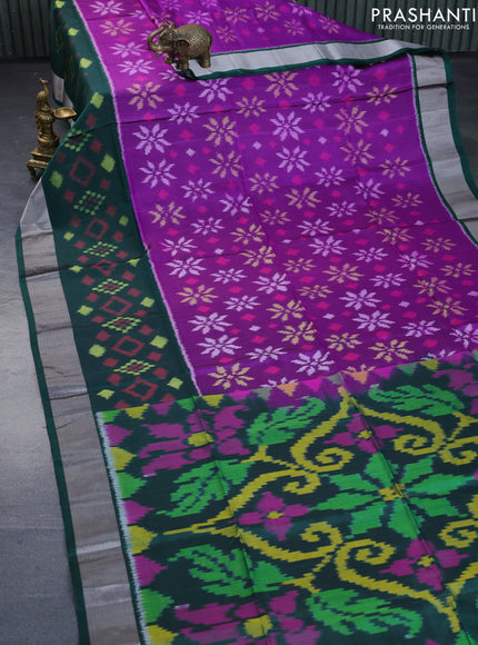 Ikat soft silk saree purple and dark green with allover ikat weaves and long ikat woven silver zari border