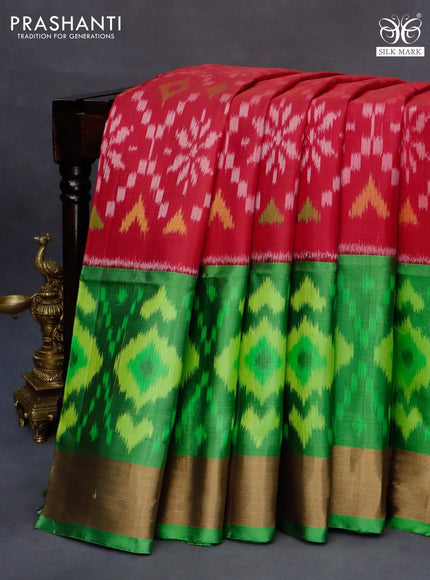 Ikat soft silk saree red and green with allover ikat weaves and long ikat woven zari border