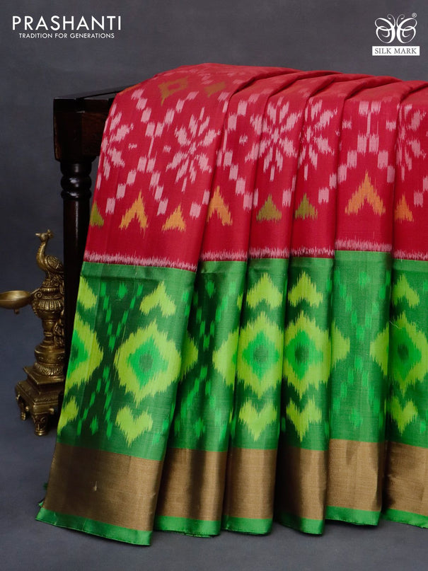 Ikat soft silk saree red and green with allover ikat weaves and long ikat woven zari border