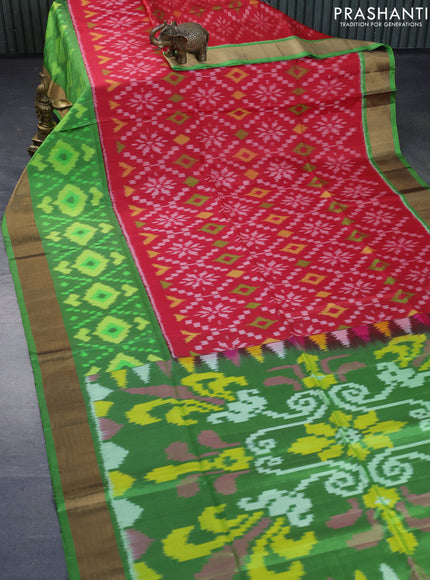 Ikat soft silk saree red and green with allover ikat weaves and long ikat woven zari border