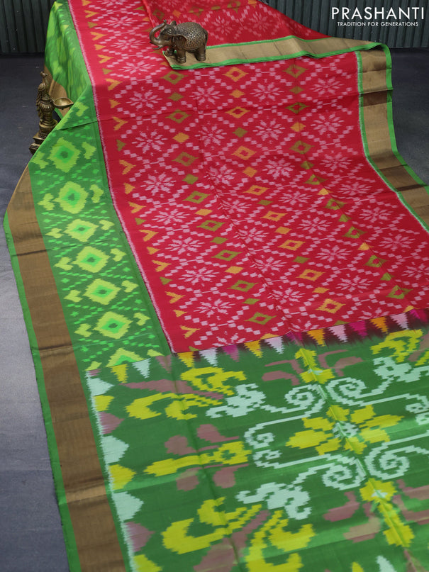 Ikat soft silk saree red and green with allover ikat weaves and long ikat woven zari border