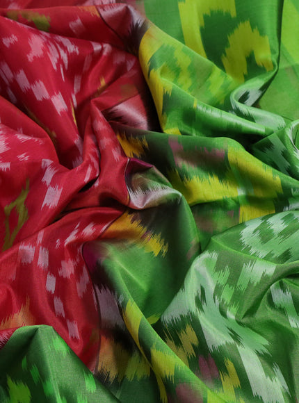 Ikat soft silk saree red and green with allover ikat weaves and long ikat woven zari border